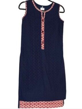 Sheep Navy Blue Eyelet Sleeveless Tunic Shirt Red Geometric Trim XS